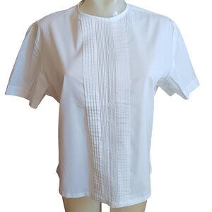 Medium Vintage White Short-Sleeve Blouse Pleated Front Button Back Closure 1960s